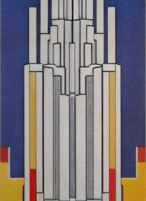Prompt: isometric artdeco cathedral by frank lloyd wright, isometric, painted by piet mondrian