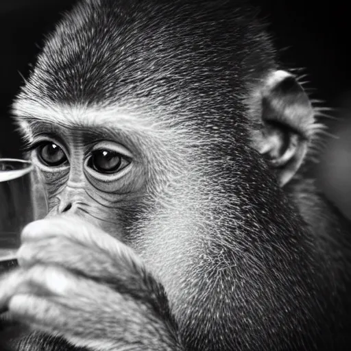 Prompt: Monkey drinking Capri Sun juice, low light, photo taken at night,