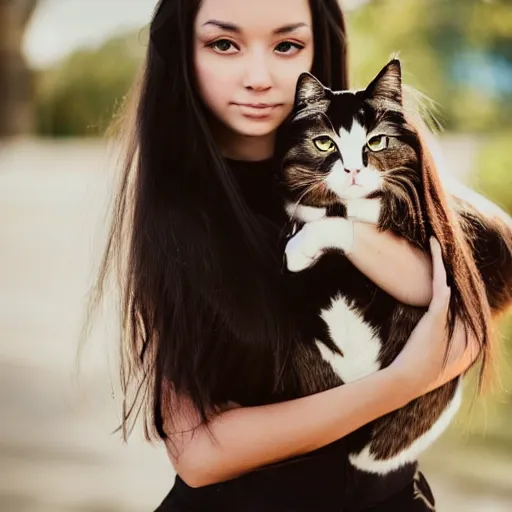 Image similar to a girl with long dark hair and a side part holding a cat in her arms, a stock photo by juan villafuerte, pexels contest winner, high quality photo, rtx, hd, shiny eyes, rasquache, a renaissance painting by sailor moon, anime, anime aesthetic