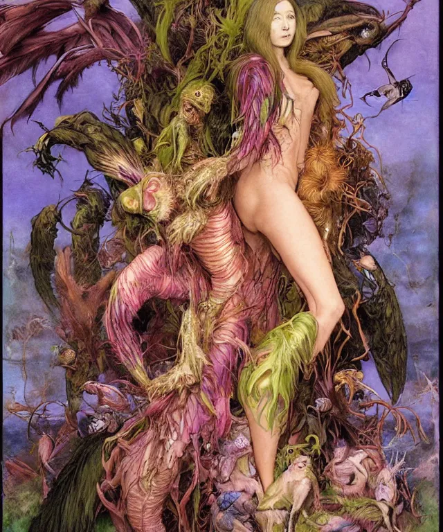 Prompt: a portrait photograph of a mutated harpy super villian with slimy skin and feathers. she looks like elizabeth olsen and is meditating in a colorful infected bulbous shiny organic catsuit. by donato giancola, hans holbein, walton ford, gaston bussiere, peter mohrbacher and brian froud. 8 k, cgsociety, fashion editorial