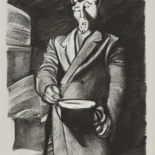 Image similar to black and white ink drawing of a man with an owl head holding a mug of coffee