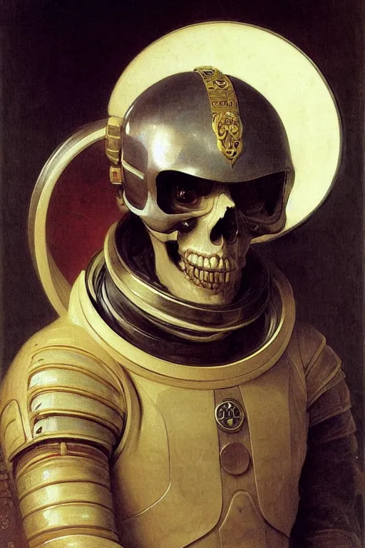 Image similar to portrait of a skull man astronaut with chinese dragon armor and helmet, majestic, solemn, by bouguereau