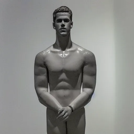 Image similar to “ a realistic detailed photo of a guy who is an attractive humanoid who is half robot and half humanoid, who is a male android, actor liam hemsworth, shiny skin, posing like a statue, blank stare, at the museum, on display ”