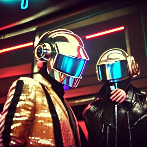 Prompt: daft punk singing singing karaoke in a rundown cyberpunk bar