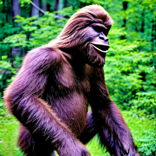 Image similar to bigfoot holding a tickle in his hand, color photograph, nature photograph, national geographic, 4 k.