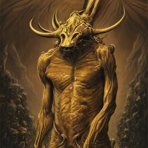 Prompt: a masterpiece! full body photographic portrait of an alien beast!! with seven heads!! and ten horns!! on a city street by gustave dore and sam spratt and allen williams, trending on artstation, cgsociety, 8 k hd, earthtone colors,