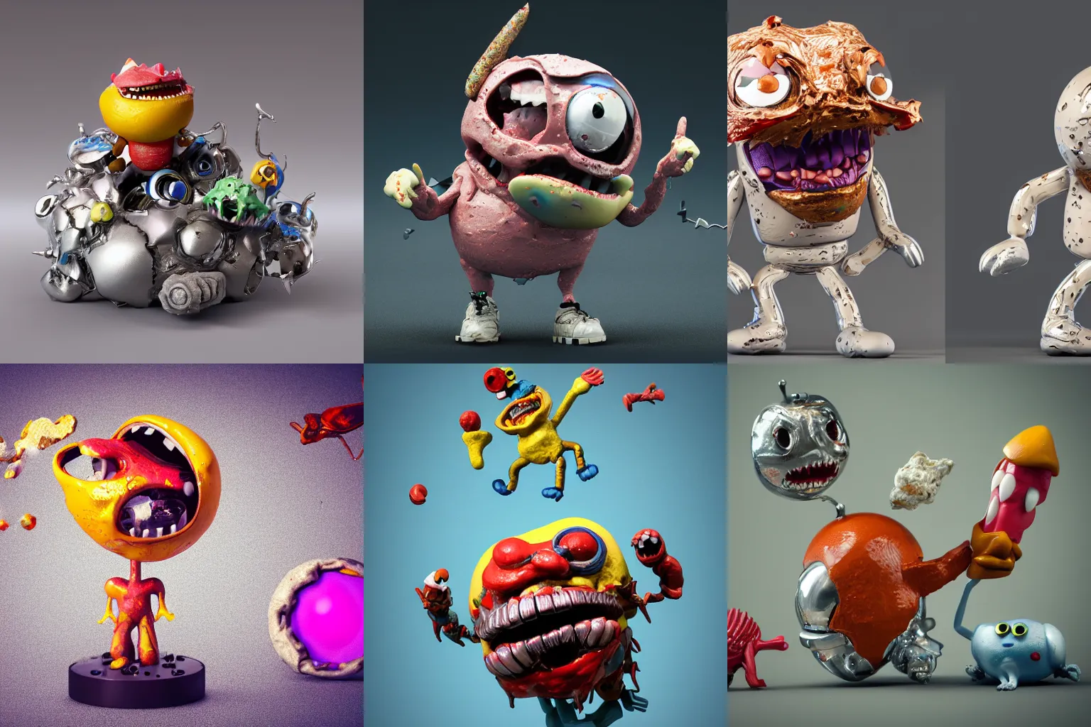 Prompt: dissection of chrome, angry screaming with tongue out ceramic exploding crash miniature toy resin Figure clay animal falling apart 8K, c4d, 3d primitives, in a Studio hollow, surrounded by flying parts, explosion drawing, by pixar, beeple, by jeff koons, blender donut tutorial, symmetry