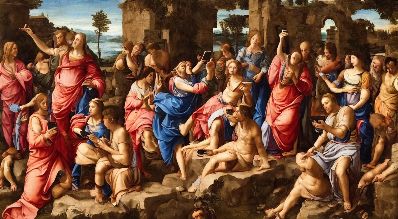 Prompt: Renaissance painting of the year 100 BC with people in a roman village all using smartphones to take selfies, photos, texting, nobody looking at eachother they are all staring at their smartphones, highly detailed, hyperrealism, award winning, vibrant colors