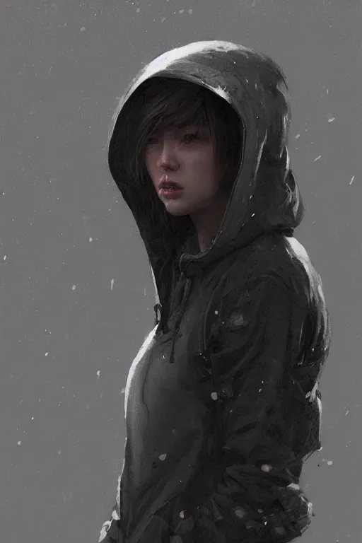 Image similar to A portrait of an attractive women wearing a techwear hoody by Greg Rutkowski, Sung Choi, Mitchell Mohrhauser, Maciej Kuciara, Johnson Ting, Maxim Verehin, Peter Konig, Resident evil , 8k photorealistic, cinematic lighting, HD, high details, dramatic, atmospheric , trending on artstation