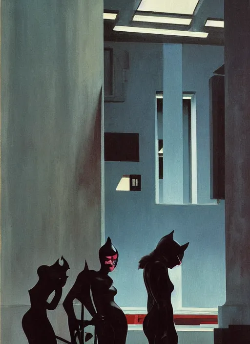 Prompt: catwoman in line at the art deco hospital painting by Edward Hopper and James Gilleard, Zdzislaw Beksinski highly detailed