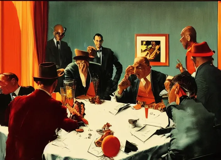 Prompt: a still from the movie godfather by of francis bacon and norman rockwell and james jean, a still from the movie antman and the wasp, mark brooks, triadic color scheme, by greg rutkowski, syd mead and edward hopper and norman rockwell and beksinski, dark surrealism, orange and turquoise ans purple