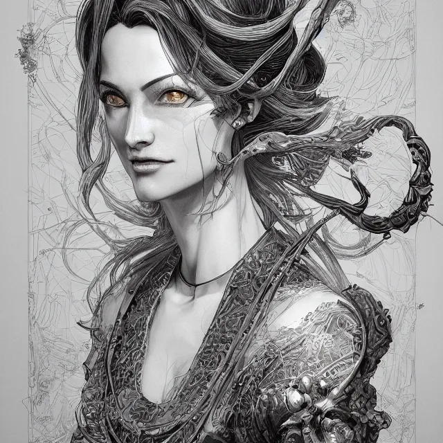 Image similar to the portrait of the lawful evil sorceress lawyer as an absurdly beautiful, graceful, elegant, sophisticated, woman, an ultrafine hyperdetailed illustration by kim jung gi, irakli nadar, intricate linework, bright colors, octopath traveler, final fantasy, unreal engine 5 highly rendered, global illumination, radiant light, detailed and intricate environment