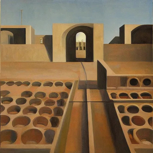 Image similar to first person view of a stark concrete maze, people peering into portholes, grant wood, pj crook, edward hopper, oil on canvas