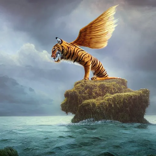Prompt: painting of a winged Tiger on a small island in a lake by charlie bowater, mandy jurgens, gustav klimt, octane render, dramatic camera angle, 4k, 8k, high detail, HDR, by tom bagshaw, powerful, with inspiration from Beksinski