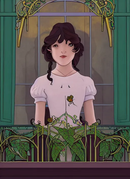 Image similar to well - lit art nouveau portrait of a 1 3 - year old girl with a shy expression, looking out from a balcony with a rose trellis, natural lighting, path traced, highly detailed, high quality, cartoon, digital painting, by don bluth and ross tran and studio ghibli