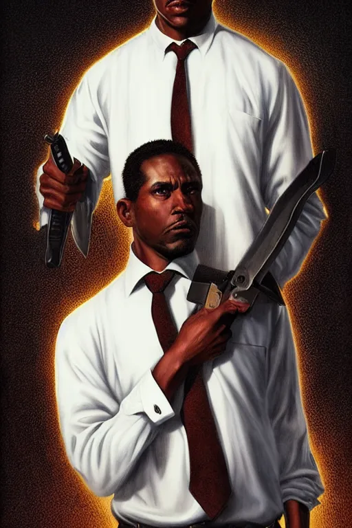 Image similar to a black man wearing a white shirt tucked into slacks. he is wielding a knife with a confident and smug look on his face. in the style of of true detective. art by tomasz alen kopera and glenn fabry.