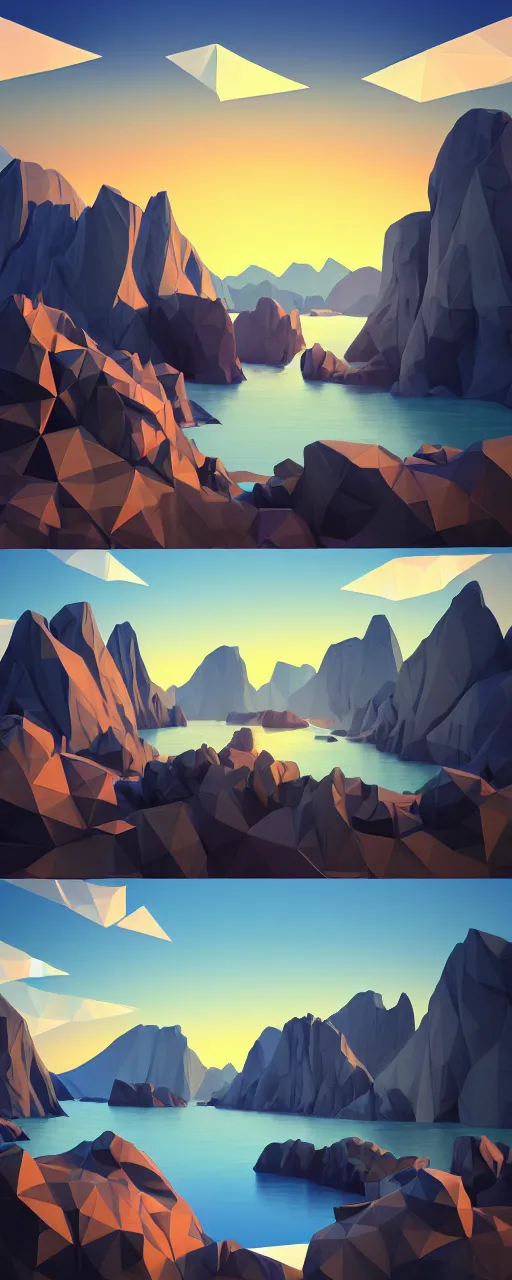 Image similar to super detailed color cutout lowpoly art, northern sunset with rocks on front, monochrome photorealistic bay in the middle of perspective and mountains at background, big graphic vessel in the middle of composition, unreal engine, high contrast color palette, 3 d render, lowpoly, colorful, digital art, perspective, full volume composition, robb cobb, robert mccall, syd mead