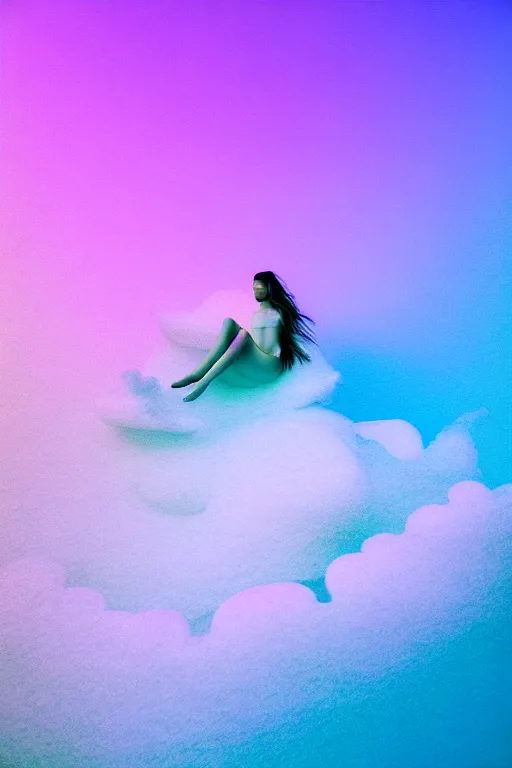 Image similar to high quality pastel coloured film close up wide angle photograph of a model wearing clothing swimming on cloud furniture in a icelandic black rock!! environment in a partially haze filled dreamstate world. three point light, rainbow. photographic production. art directed. pastel colours. volumetric clouds. pastel gradient overlay. waves glitch artefacts. extreme facial clarity. 8 k. filmic.