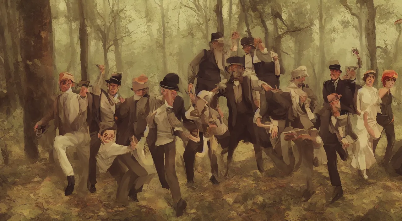 Prompt: A group of people in 1920s clothing smuggling alcohol through the woods, hiding from the law, running from the authorities, dirty and sweaty, hyperdetailed, artstation, cgsociety, 8k
