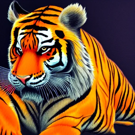 Image similar to “portrait of tiger in the style of metamask holding a laser gun, with a dark background behind him”