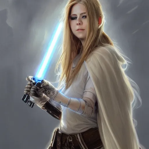 Image similar to perfectly - centered - portrait of avril lavigne wearing white cloak holding light saber, intricate, highly detailed, digital painting, artstation, concept art, smooth, sharp focus, illustration, unreal engine 5, 8 k, art by artgerm and greg rutkowski and alphonse mucha