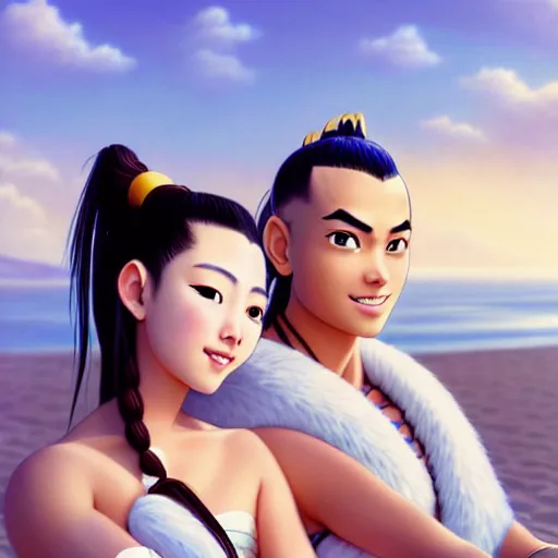 Prompt: beautiful serene intricate portrait of sokka and yue taking a selfie, smiling softly, relaxing on the beach, golden hour, soft focus, 8 k, art by irakli nadar, hyperrealism, hyperdetailed, ultra realistic