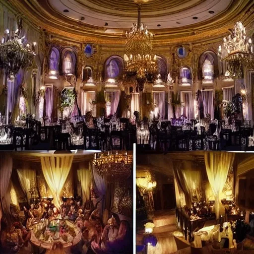 Prompt: masquerade ball, social party, crowded place, lot of people, inside mansion, realistic, big interiors, high details, waiters, big stairs