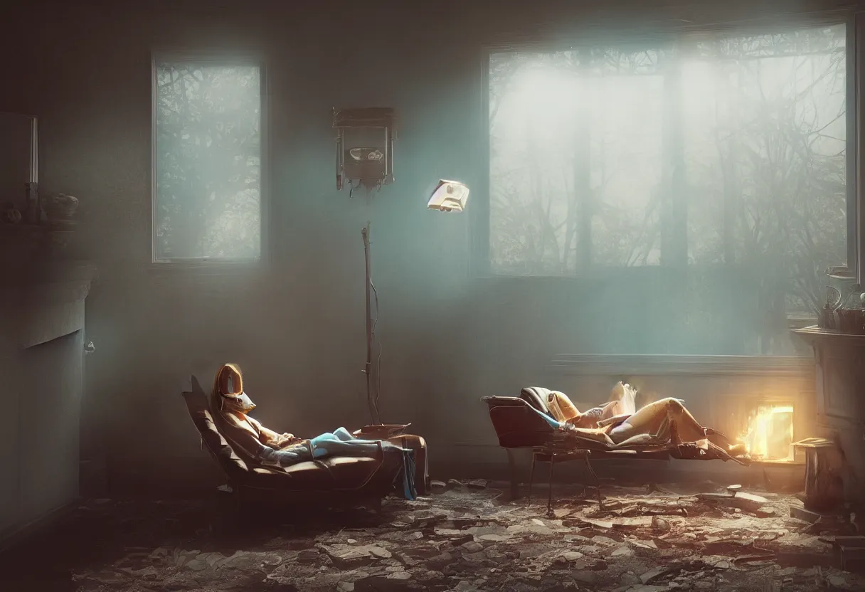 Image similar to intimate photograph of one single lone solitary cerulean and brown decaying futuristic robot lying on a frayed fainting couch in front of a beautiful fireplace with a cozy fire, in a dusty Victorian home, soft morning light seeping in a window, with cinematic lighting and lens flare, tall ceiling, octane render, cgsociety, by Simon Stalenhag and Rouhollah Toghyani and Sylvian Boussiron and Alfonso Cuaron, highly detailed closeup portrait, award-winning highly detailed 8k anamorphic closeup tight cinematic movie photograph