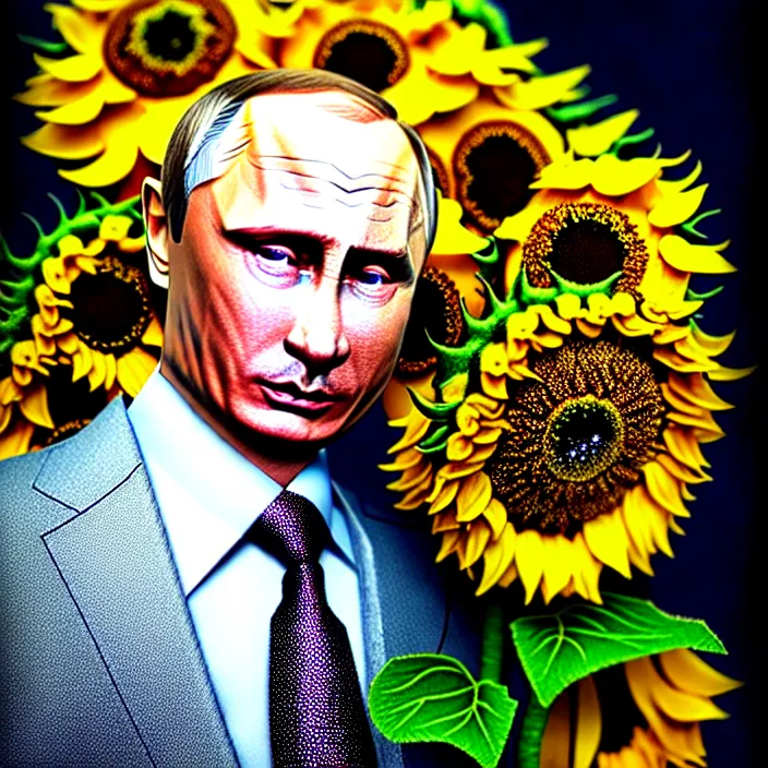 Image similar to photo portrait of Vladimir Putin - sunflowers - dressed in leisure suit with ornamental ethereal sunflower pattern, natural skin tone, highly detailed realistic flowers ornament in the upper side of breast, hair, eyebrows and wrinkles are intricate with highly detailed realistic flowers, elegant, Realistic, Refined, Highly Detailed, natural soft pastel lighting colors scheme, fine art photography by Cecil Beaton, volumetric lighting, hyper realistic photography