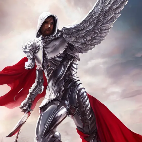 Prompt: cinematic full body shot of a male angel flying, white metallic armor, red cape, elegant pose, detailed arms, detailed white armor, two arms, two legs, detailed fanart, rpg art, d&d art, macro art, digital art, DeviantArt, artstation, 8k HD