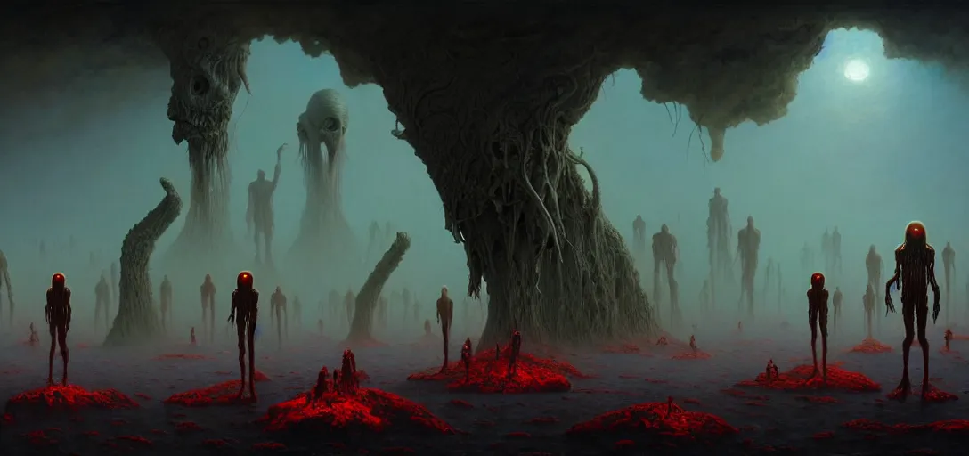 Image similar to hellish translucent alien creatures with realistic human faces and skin on an alien world, artstyle zdzisaw beksinski and greg rutkowski, very intricate details, high resolution, 4 k