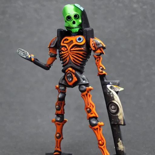 Image similar to a necron named anrakyr posing with a skateboard for a photo