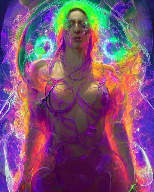 Image similar to a powerful energy psychedelic matrix priestess, by alexander fedosav, hyper detailed digital matte painting, concept art, hyperrealism, 1 6 k resolution, cinema 4 d, 8 k resolution, trending on artstation, behance hd, a masterpiece, by stephan martiniere, particles, cel - shaded, power bright neon energy, by david a. hardy,