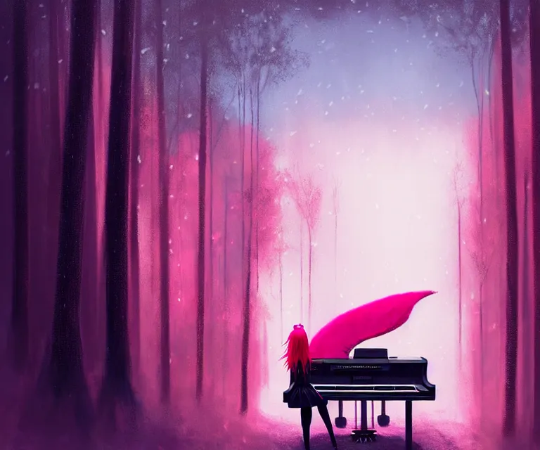 Image similar to a painting of a beautiful face gothic girl, pink hair in a stunning red wedding dress playing a piano in the dark snowy forestby yoshitaka amano and alena aenami, cg society contest winner, retrofuturism, matte painting, apocalypse landscape, cityscape