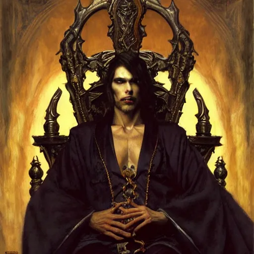 Image similar to perfectly centered portrait of attractive vampire king in a robe sitting on a throne of bones, highly detailed painting by gaston bussiere, craig mullins, j. c. leyendecker, 8 k