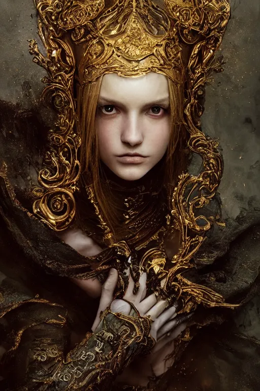 Image similar to portrait of a beautiful 20-year-old woman by Mario Testino, Dark Souls 3 themed, in style of Ruan Jia, insanely detailed and intricate, golden ratio, elegant, ornate, luxury, elite, matte painting, cinematic, cgsociety, James jean, Brian froud, ross tran, Laputa