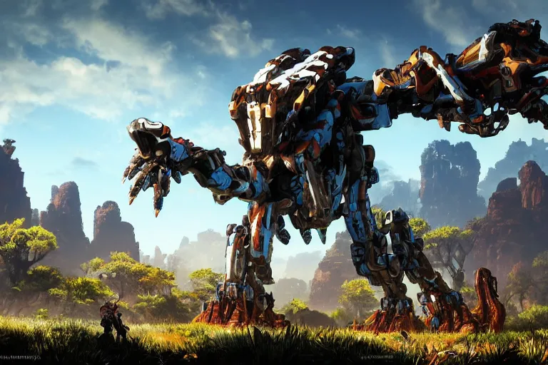 Image similar to tallneck machine mecha animal beast robot of horizon forbidden west horizon zero dawn bioluminiscence global illumination ray tracing hdr fanart arstation by sung choi and eric pfeiffer and gabriel garza and casper konefal