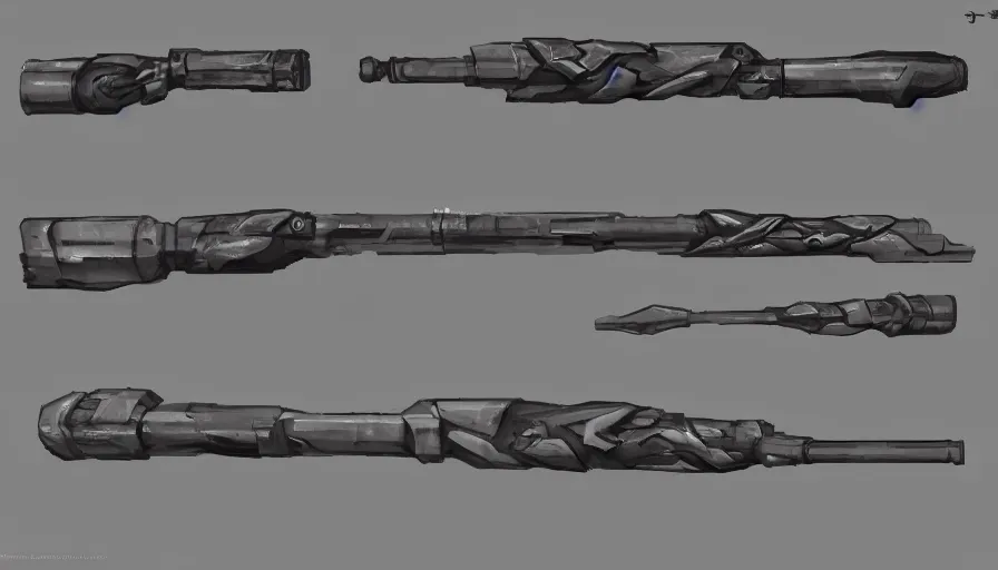 Image similar to weapon design by jama jurabaev, trending on artstation, high quality, brush stroke, for aaa game