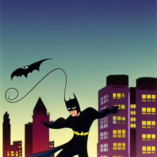 Image similar to batman the animated series, bruce timm, batman chasing catwoman on rooftop at night