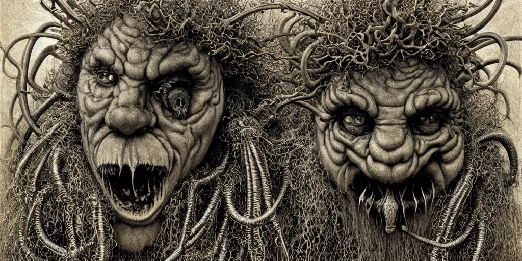 Prompt: detailed realistic krampus tyrolean farmer hay monster face portrait by jean delville, gustave dore, iris van herpen and marco mazzoni, art forms of nature by ernst haeckel, art nouveau, symbolist, visionary, gothic, neo - gothic, pre - raphaelite, fractal lace, biodiversity, surreality, hyperdetailed ultrasharp octane render