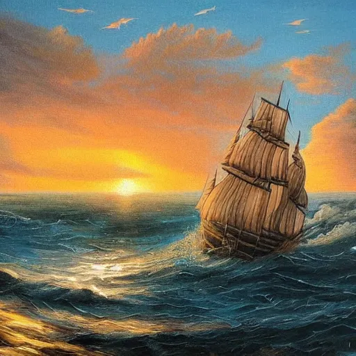 Image similar to ship in the sea, sails, history, wood, oil painting, waves, romanticism, clouds, sunset