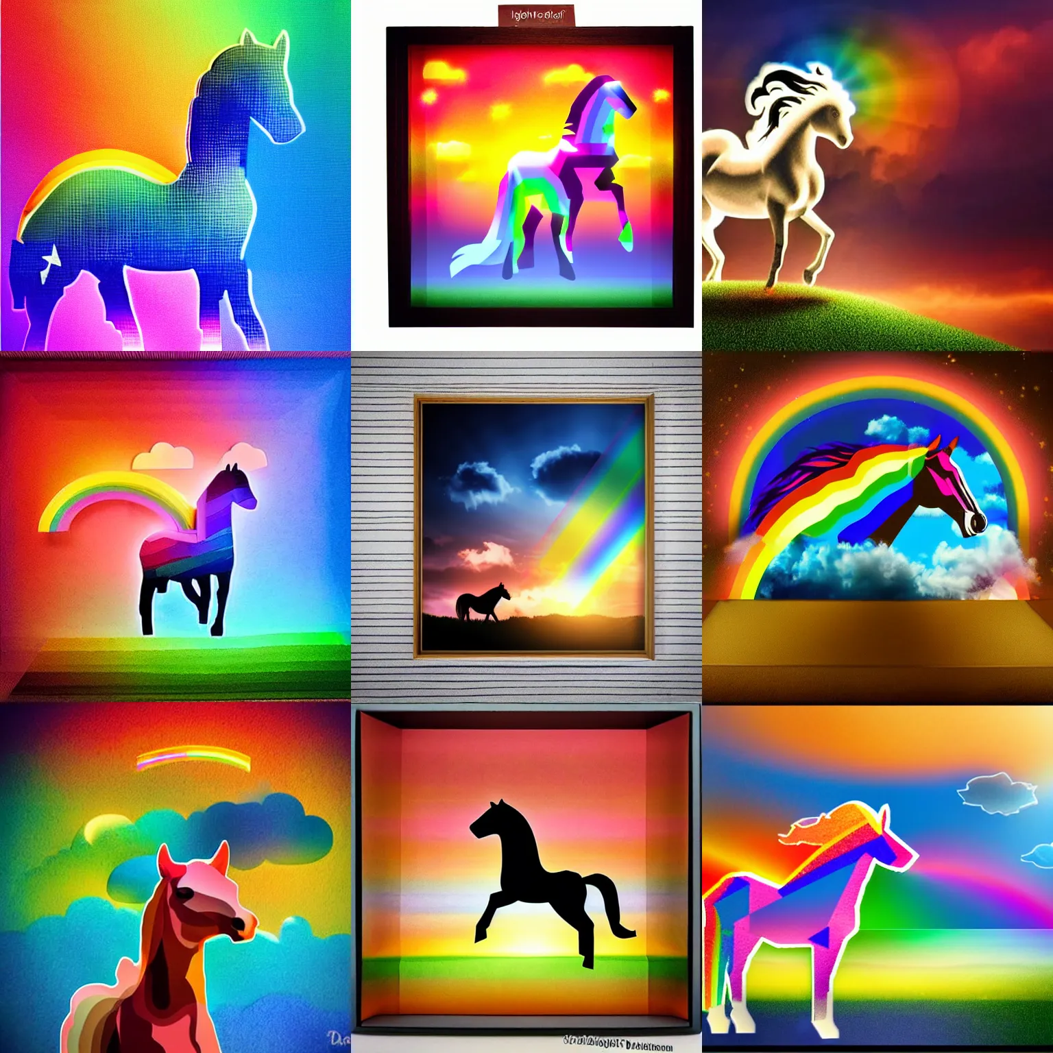 Prompt: Pixelated horse with a glowing rainbow shooting through the clouds sunset background 3d flat layered paper shadow box