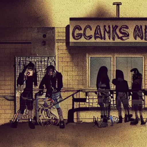 Prompt: “ group of goth punks smoking cigarettes sitting on car at an abandoned 7 - eleven convenience store, apocalyptic, photorealism, detailed ”