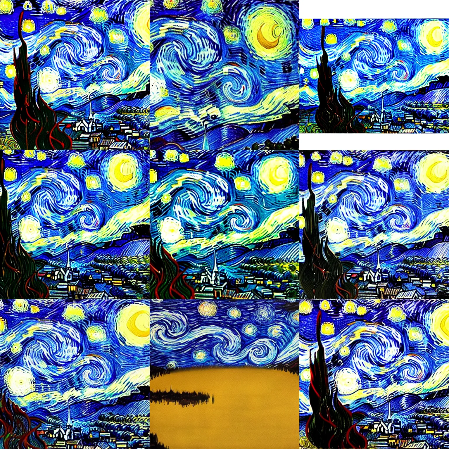 Prompt: the starry night painting with inverted colors,