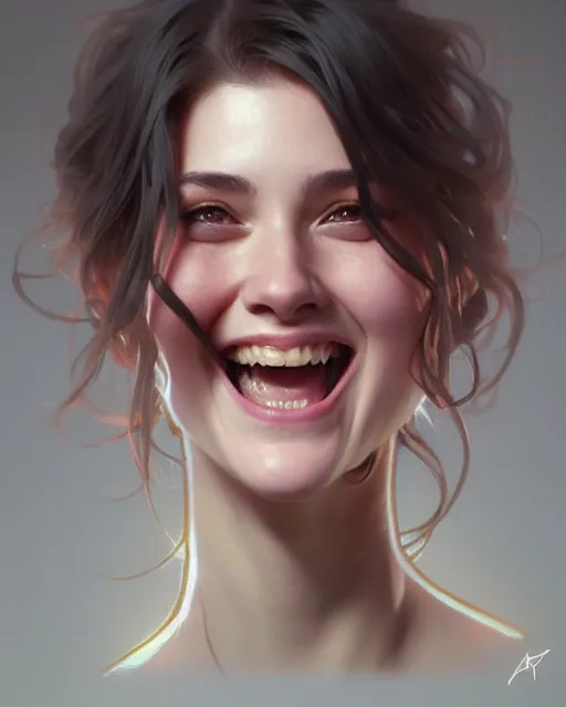 Image similar to portrait of megan laughing, intricate, headshot, highly detailed, digital painting, artstation, concept art, sharp focus, cinematic lighting, illustration, art by artgerm and greg rutkowski, alphonse mucha, cgsociety