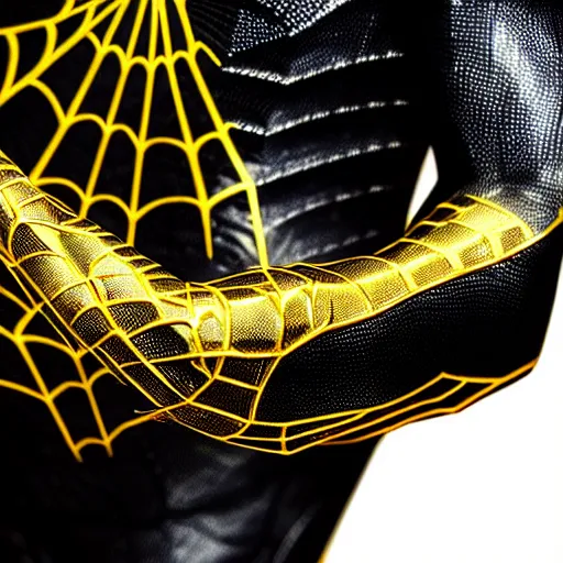 Image similar to gold spider - man suit with black web lining, cinematic, volumetric lighting, realistic, hyperdetailed, photorealistic, photograph