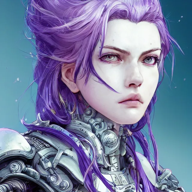 Image similar to close facial portrait of a pale woman in power armor with flowing purple hair, elegant, stoic, intense, ultrafine hyperdetailed illustration by kim jung gi, irakli nadar, intricate linework, sharp focus, bright colors, octopath traveler, final fantasy, hearthstone, highly rendered, global illumination, radiant light, detailed, intricate environment