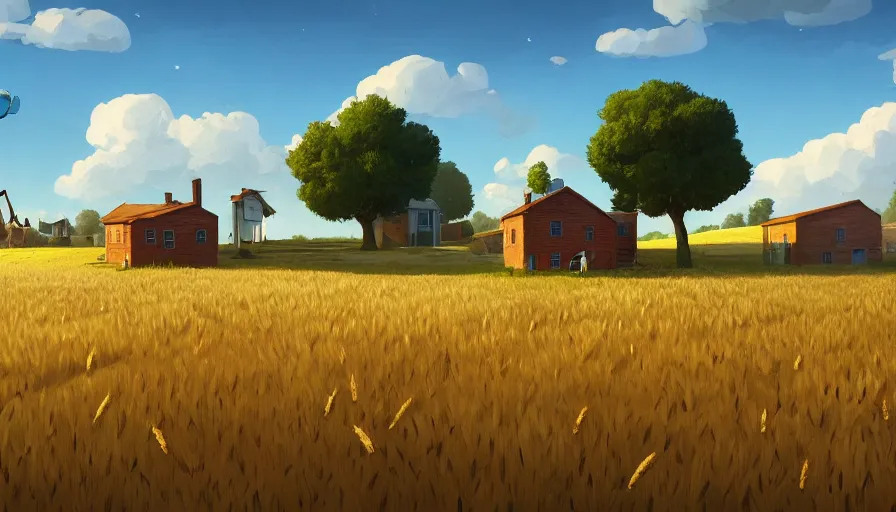 Image similar to gigantic cat next to the small house, wheat field harvesting, big tree, matte painting, art station, blue sky, simon stalenhag