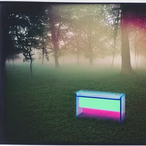 Prompt: a pastel coloured Polaroid photo of a minimalist cubic neon piano made of transparent perspex in a field, beams of light, nostalgic, morning fog, centre-frame