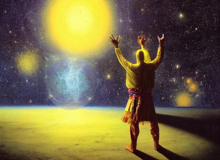 Image similar to A shaman holding up the universe, by Tim White, reflection, symbolist, soft colors, dramatic lighting, smooth, sharp focus, extremely detailed, aesthetically pleasing composition